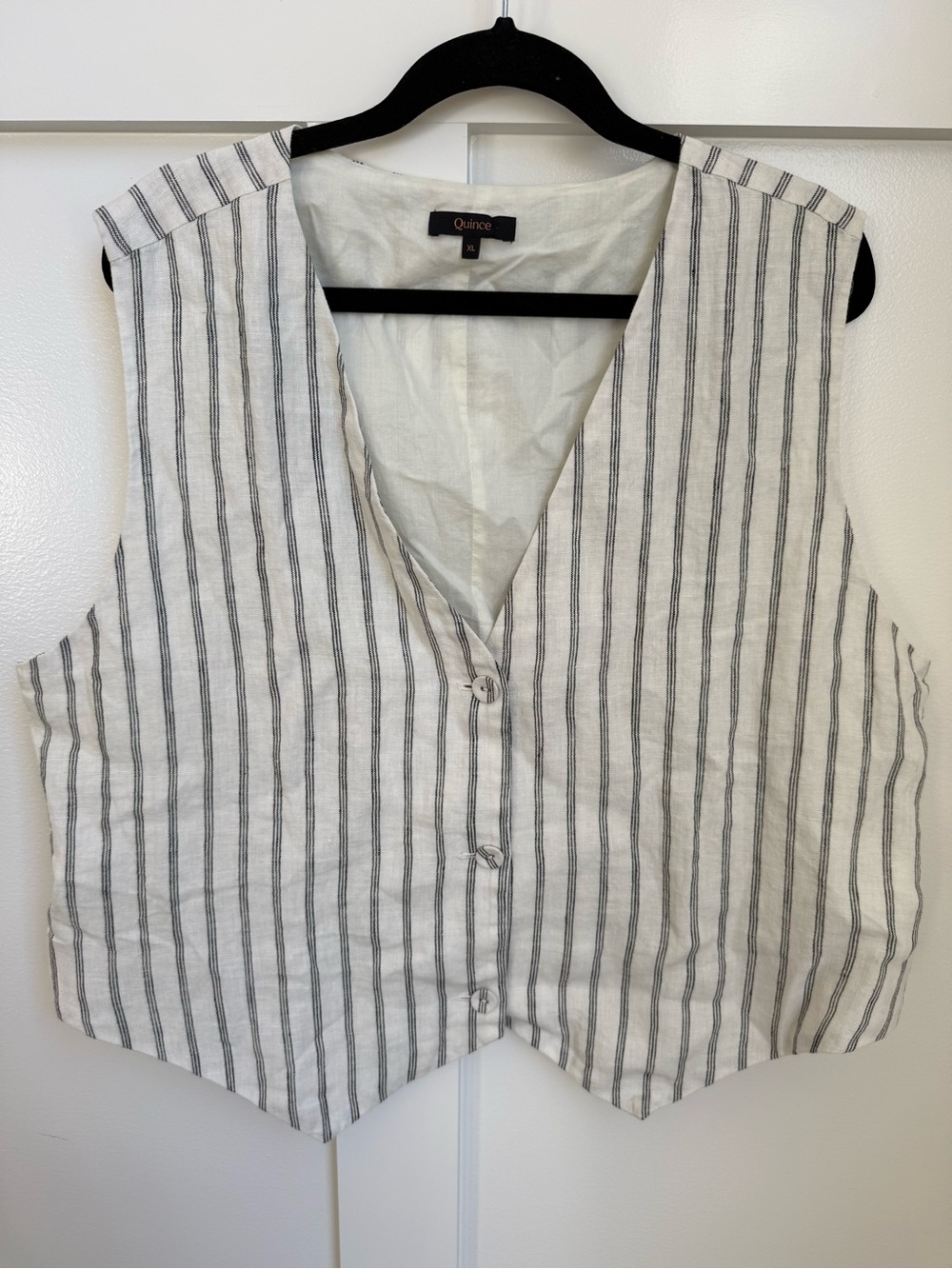 Quince Women's Linen Sleeveless Striped Button Front Vest - White & Black XL